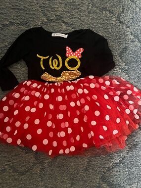 Toddler Minnie Mouse Inspired Red & Black Polka Dot Tutu TWO Birthday dress